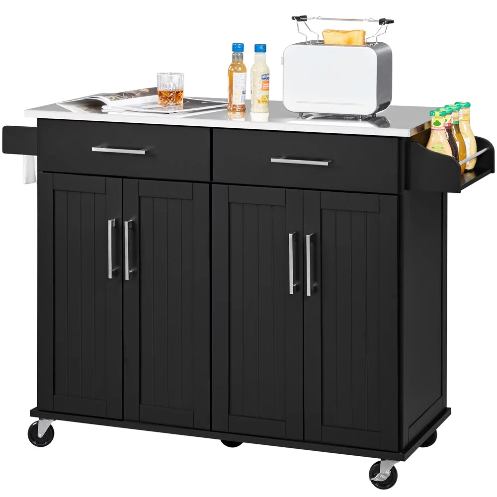 Topeakmart rolling kitchen island with storage drawers & towel bar & spice rack, black