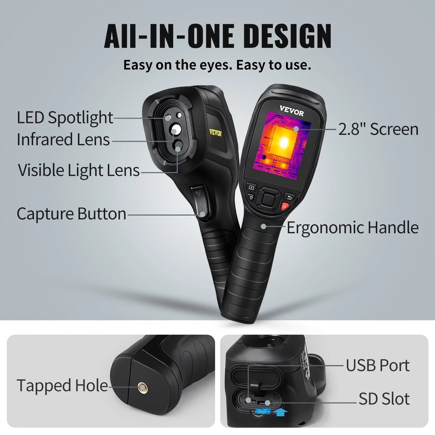 Vevor thermal imaging camera, 240x180 ir resolution (43200 pixels), 20hz refresh rate infrared camera with -4℉~662℉ temperature range, 16g built-in sd card, and rechargeable li-ion battery