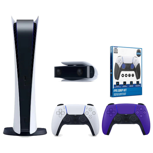 Sony playstation 5 digital edition console with extra purple controller, 1080p hd camera and surge fps grip kit with precision aiming rings bundle