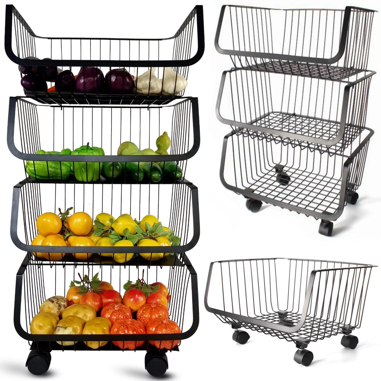 4-tier metal black utility rolling cart, storage organizer basket with wheels