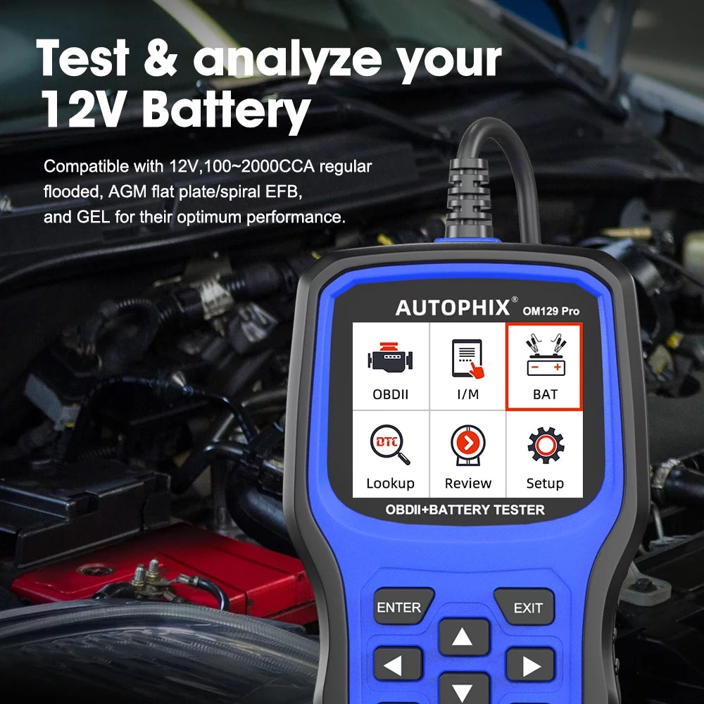 Autophix om129 pro obd2 scanner battery tester 2 in 1 automotive diagnostic tool engine code reader full obd2 function cranking test charging test 12v automotive battery scanner eobd obd auto analyzer