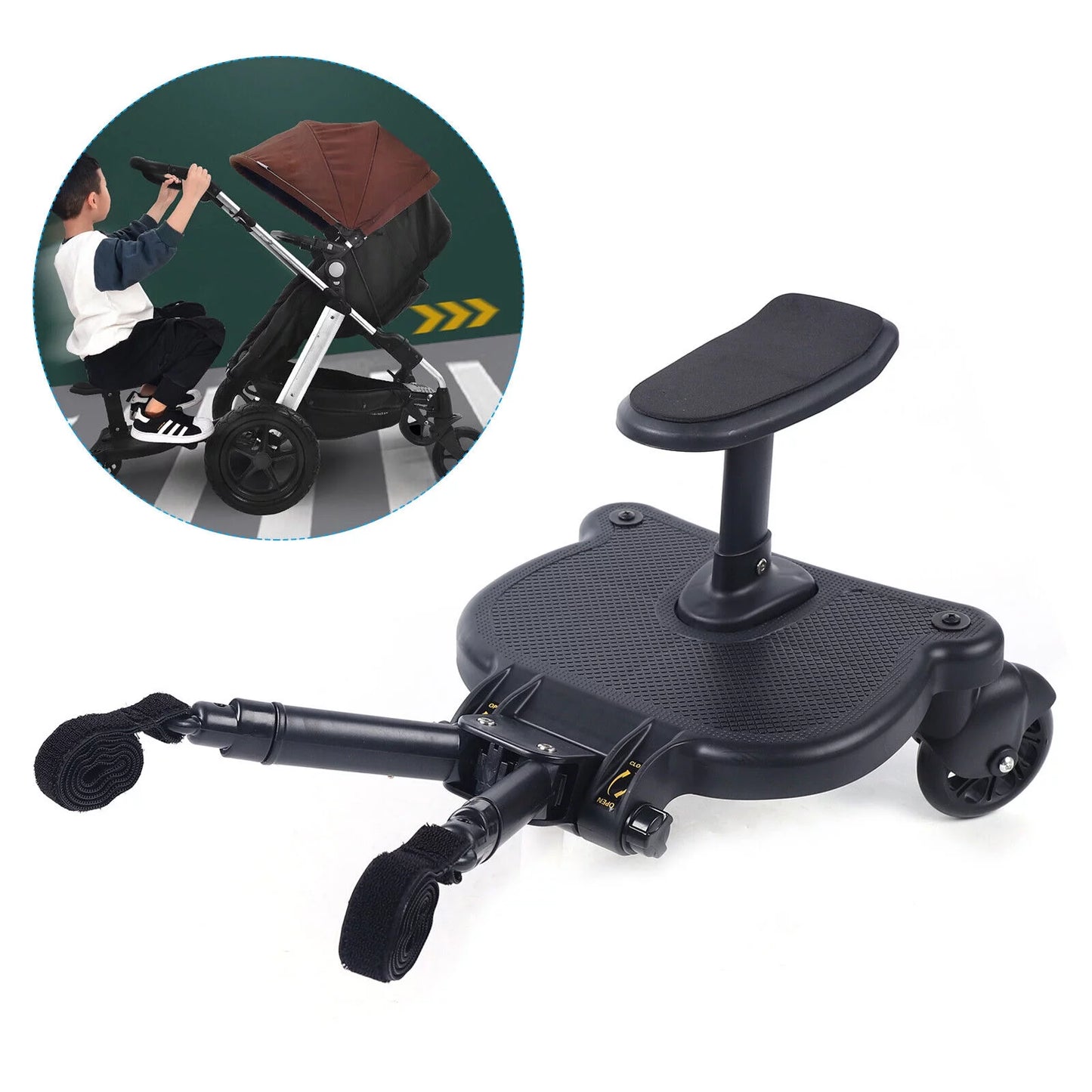 Universal stroller board 2 in 1 stroller ride board buggy wheeled board seat pedal buggy board with seat auxiliary pedal adapter pushchair connector anti-slip 25kg eco-friendly pp