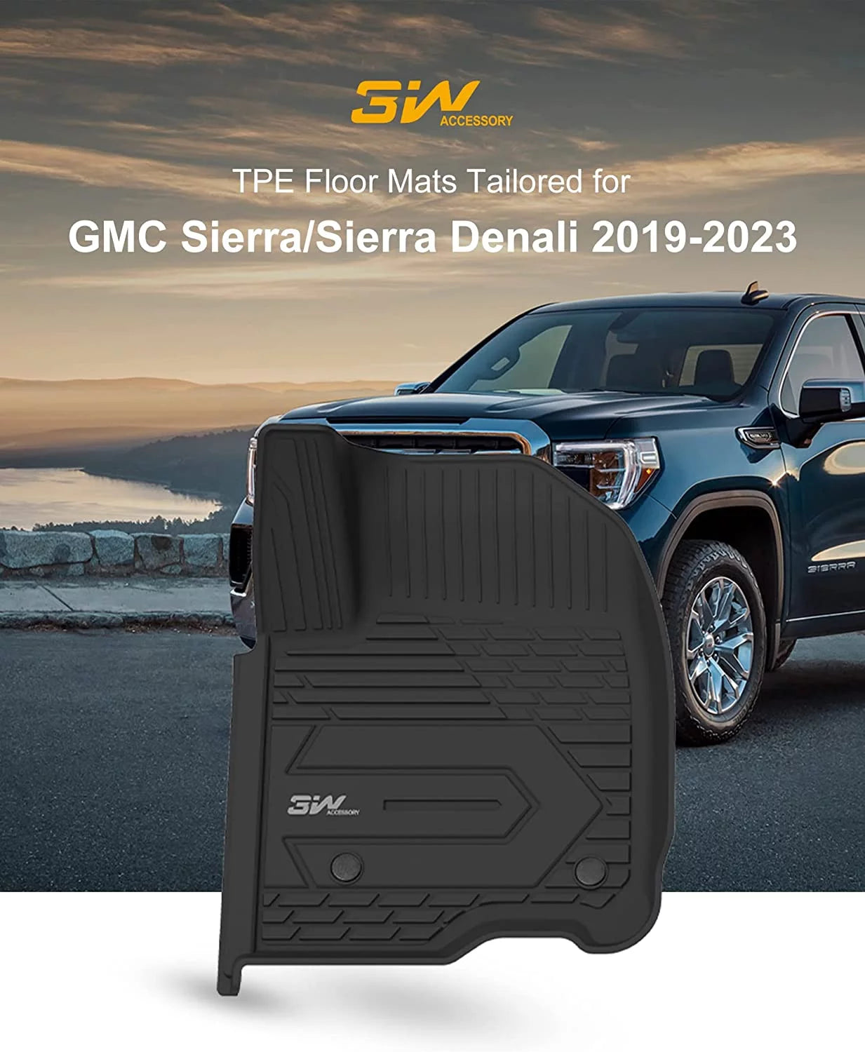 3w floor mats for 2019-2023 chevrolet silverado/gmc sierra 1500 & &2020-2024 chevrolet silverado/gmc sierra 2500 hd/3500hd crew cab (don't fit double cab), for with factory carpeted storage