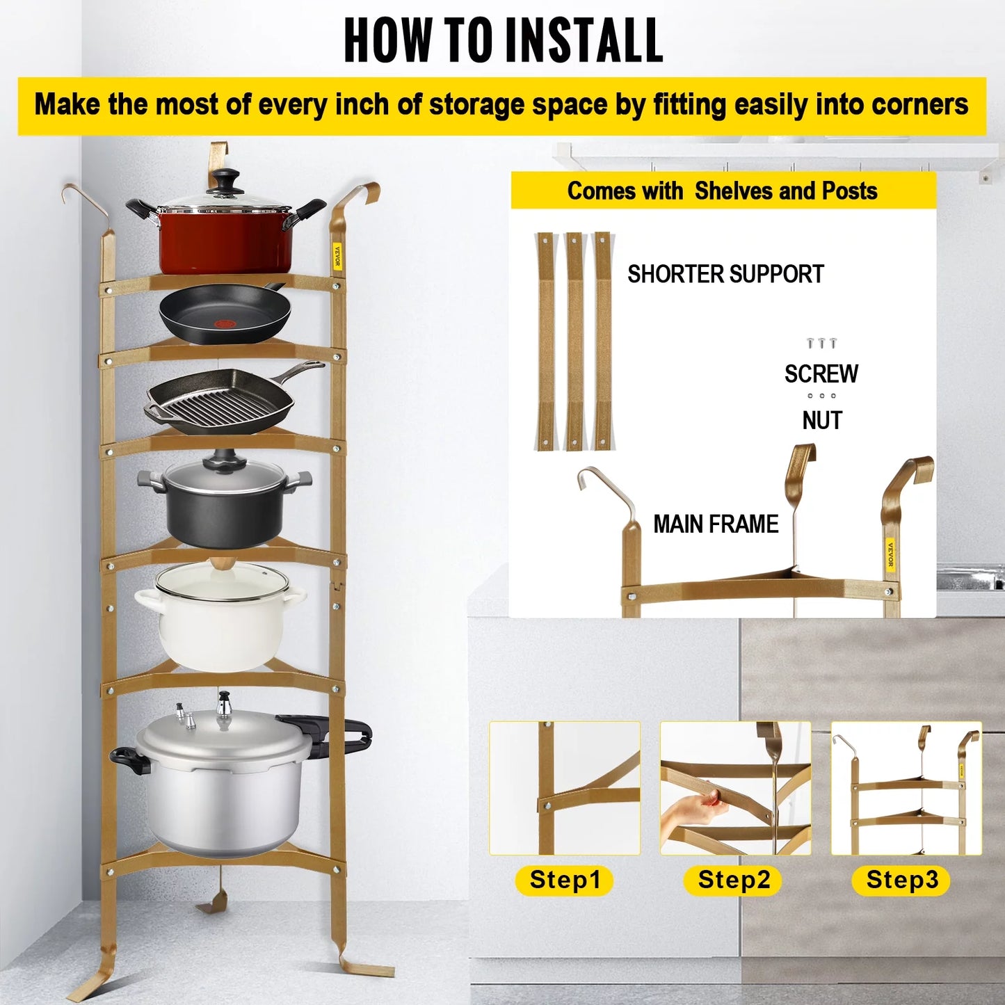 Skyshalo 6-tier cookware stand, carbon steel multi-layer pot rack, 61-inch cookware shelf, copper cookware storage tower, unassembled kitchen corner shelf rack for pans, pots, baskets kettles storage