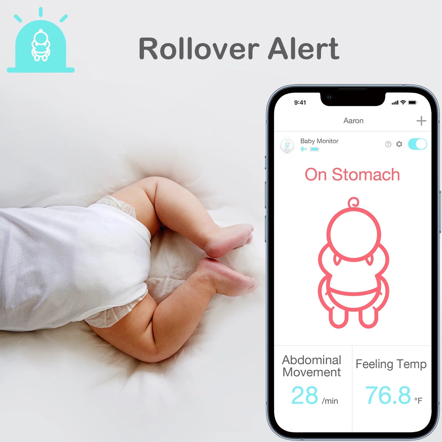 Sense-u smart baby abdominal movement monitor - tracks baby's abdominal movement, temperature, rollover and sleeping position for baby safety with instant audio alerts on smartphones, pink