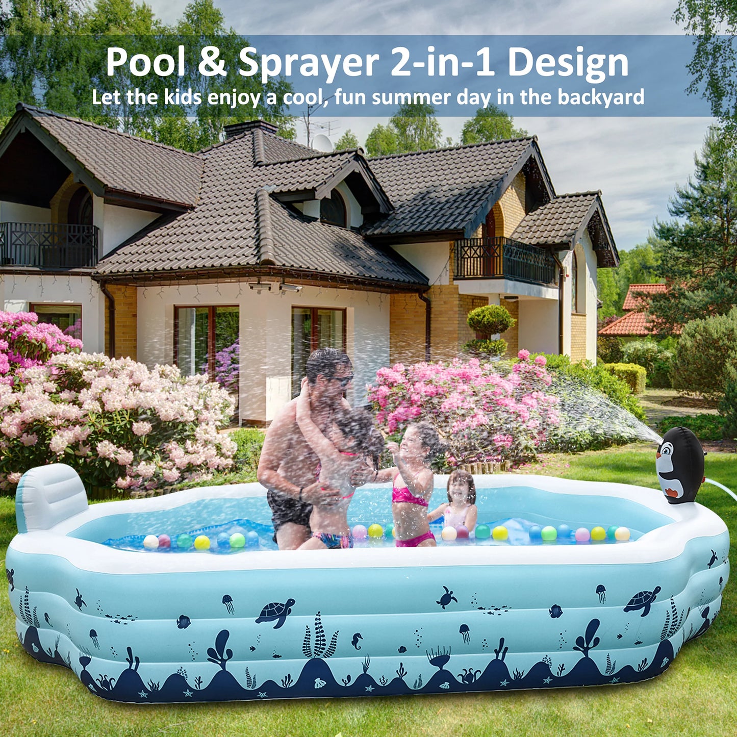 Sebor inflatable pool with seat and sprinkler - 10.3ft x 76'' x 20'' full sized above ground swimming pool for family, adults, and kids - thickened design for backyard, garden, and outdoor fun