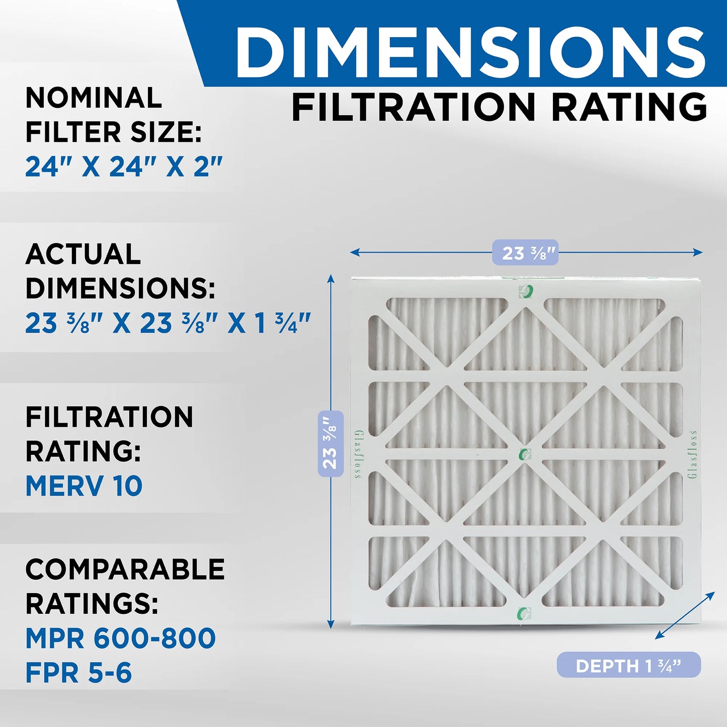 24x24x2 merv 10 pleated ac furnace air filters by glasfloss industries. ( 8 pack ) exact size: 23-3/8 x 23-3/8 x 1-3/4