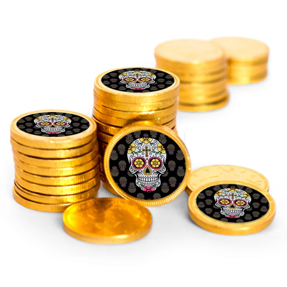 84 pcs day of the dead candy party favors chocolate coins - gold foil - día de los muertos