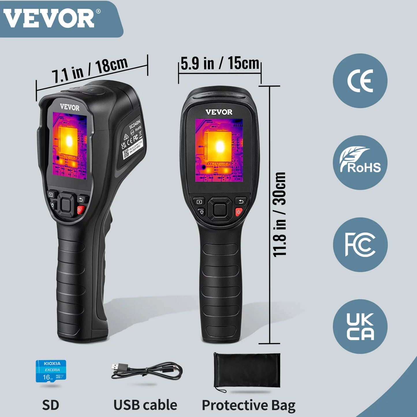 Vevor thermal imaging camera, 240x180 ir resolution (43200 pixels), 20hz refresh rate infrared camera with -4℉~662℉ temperature range, 16g built-in sd card, and rechargeable li-ion battery