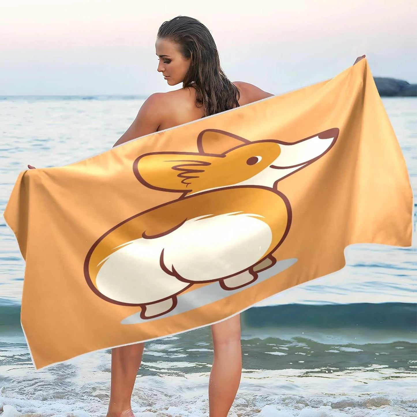 Bestwell cute corgi orange beach towel - super absorbent oversized travel towels - lightweight compact quick dry towel for swimming camping holiday（353）