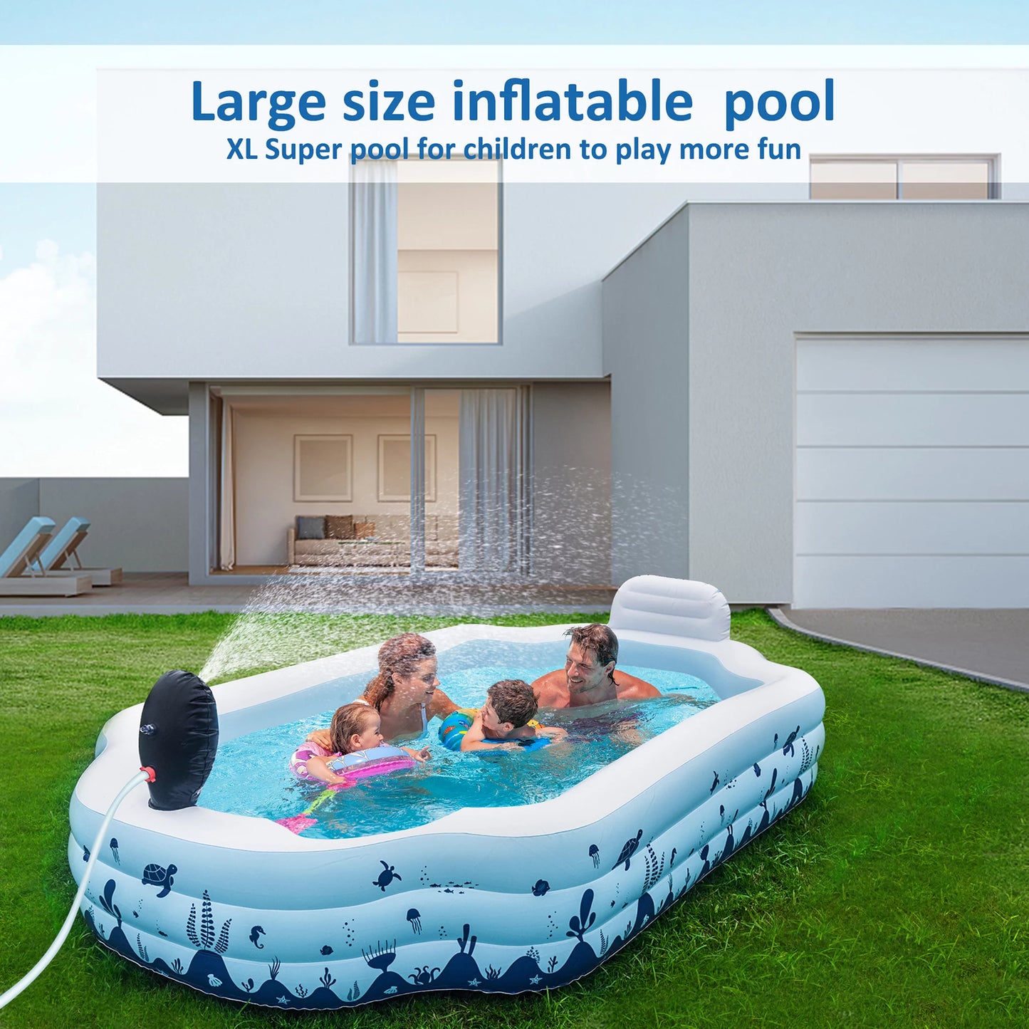 Sebor inflatable pool with seat and sprinkler - 10.3ft x 76'' x 20'' full sized above ground swimming pool for family, adults, and kids - thickened design for backyard, garden, and outdoor fun