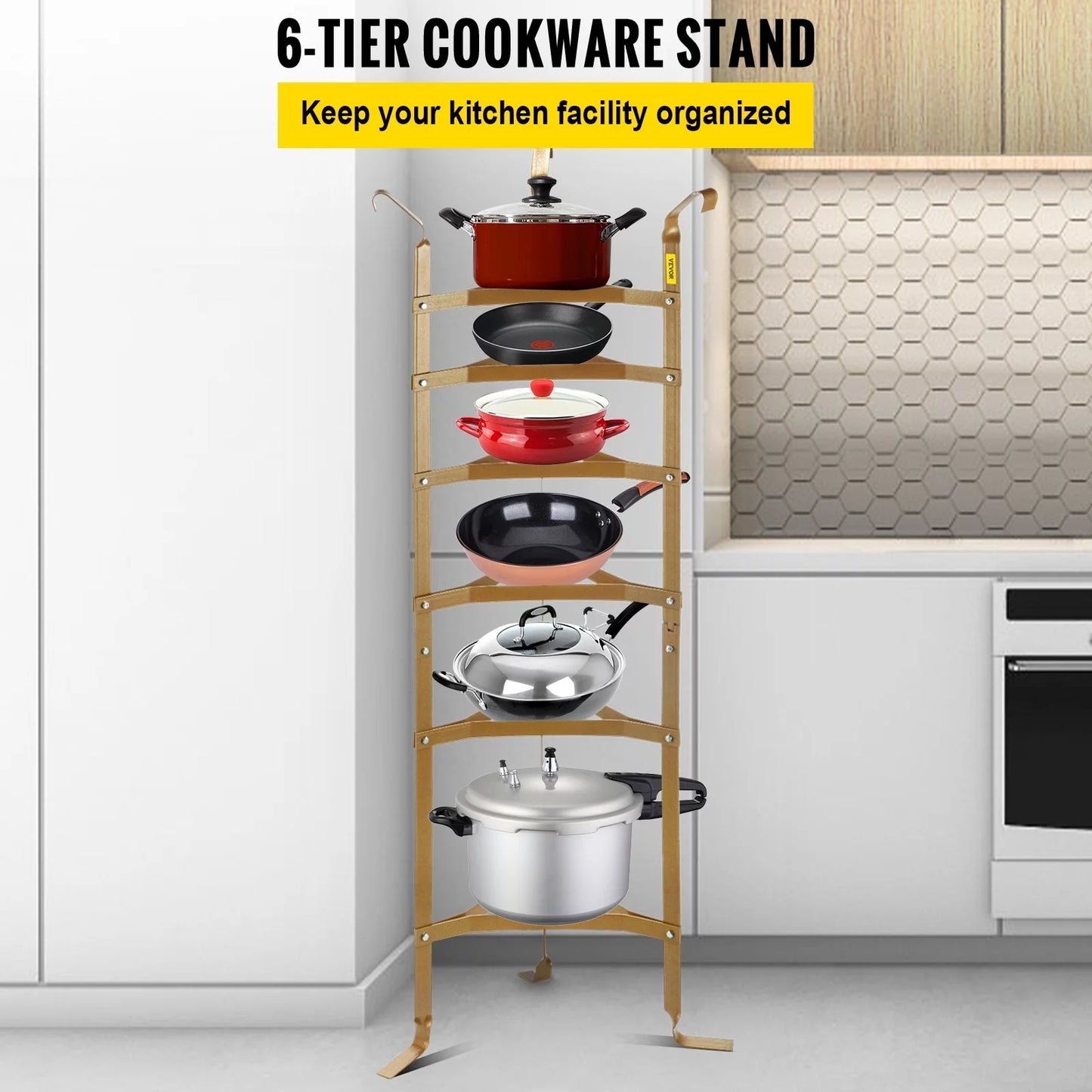 Skyshalo 6-tier cookware stand, carbon steel multi-layer pot rack, 61-inch cookware shelf, copper cookware storage tower, unassembled kitchen corner shelf rack for pans, pots, baskets kettles storage