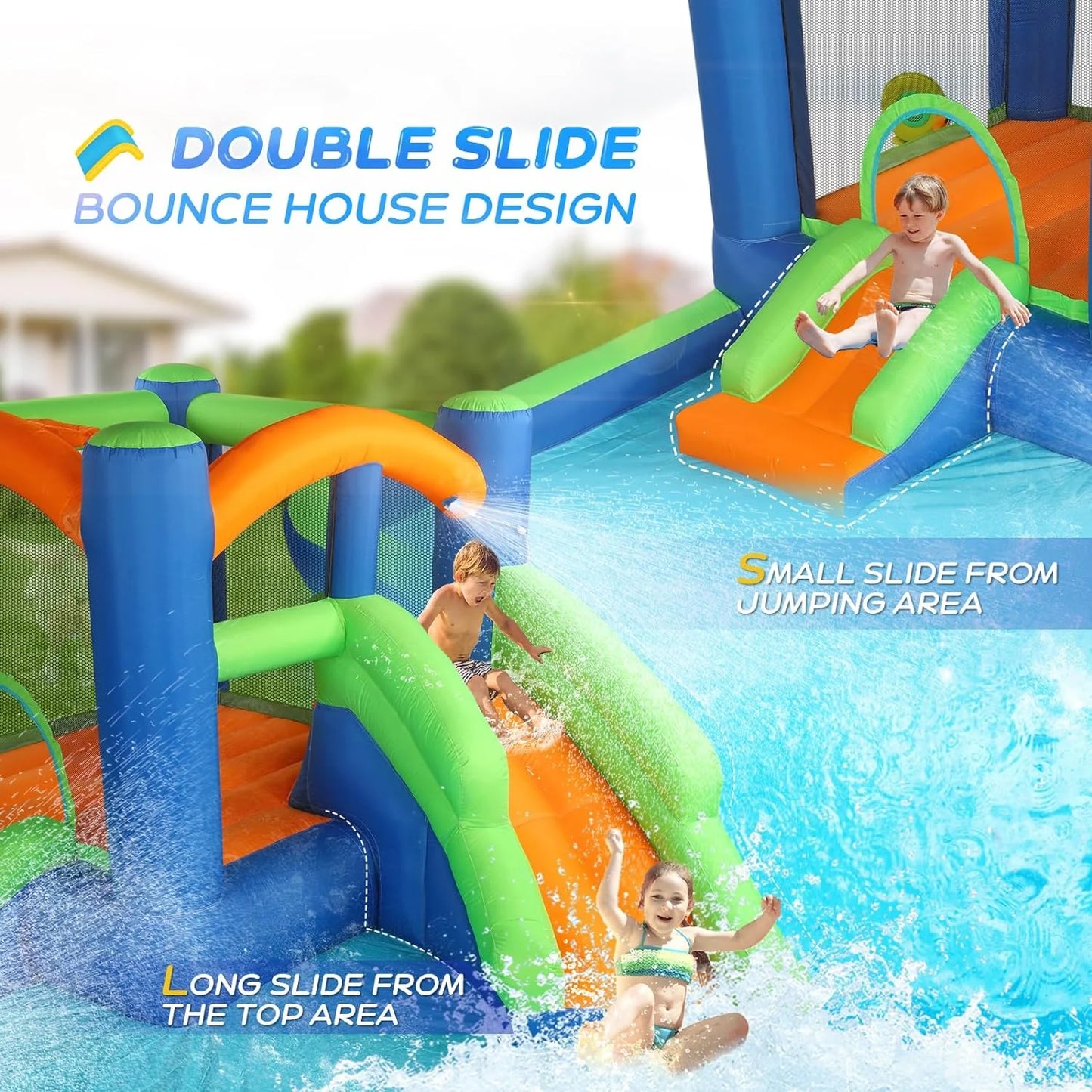 (2024 new) joymor inflatable water slide bounce house for kid 3-6, inflatable water slide w/basketball hoop, water cannon, ring-toss game, inflatable water bounce house w/slides, air blower