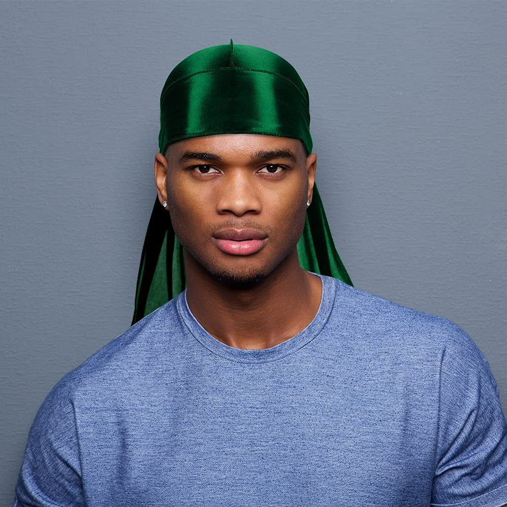 Asknoto 4 pcs silky men durag headwraps with long tail and 4 pcs silk wave cap perfect for 360 waves