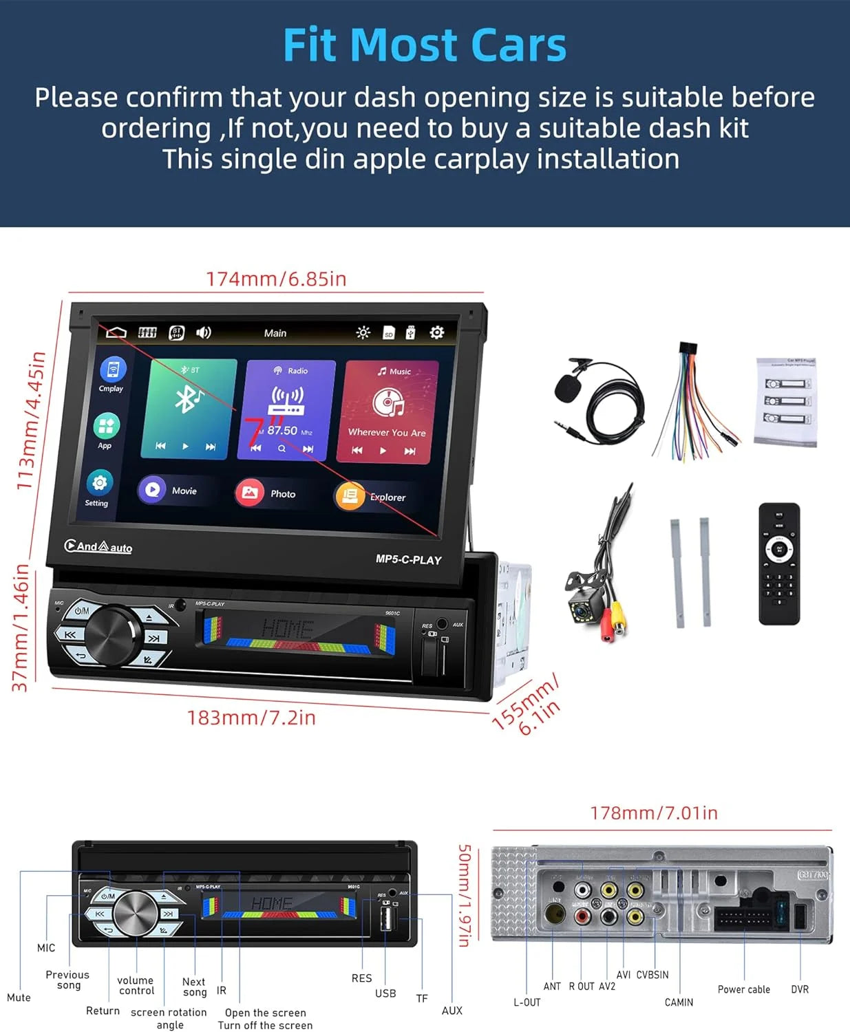 Thonzer carplay car stereo with android auto bluetooth,7 inch flip out touchscreen car radio,car audio receivers support phone mirror link,with fm radio/backup camera/usb tf aux-in port