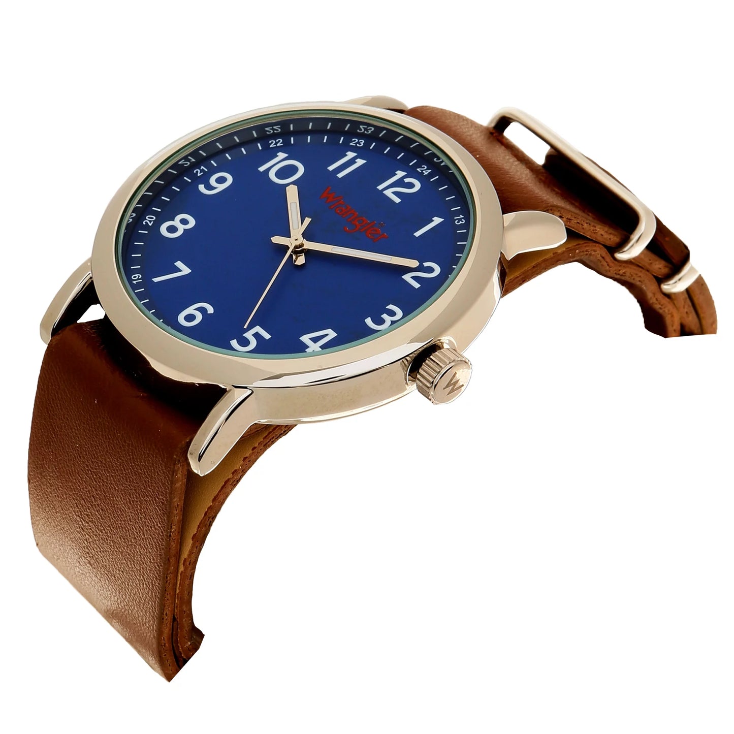 Wrangler 45mm round blue dial, brown nato style strap watch