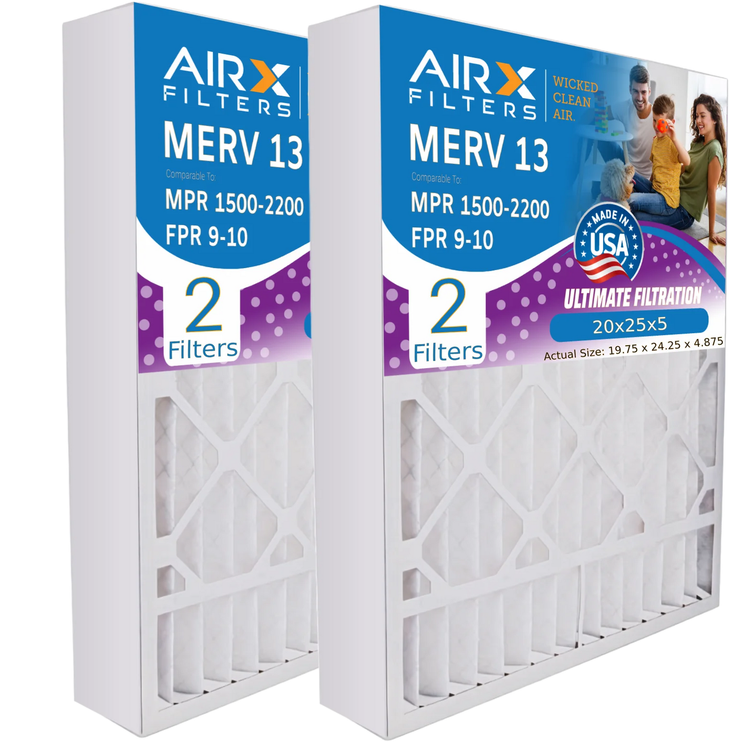 20x25x5 air filter merv 13 comparable to mpr 1500 - 2200 & fpr 9 compatible with air bear 255649-102 premium usa made 20x25x5 furnace filter 2 pack by airx filters wicked clean air.