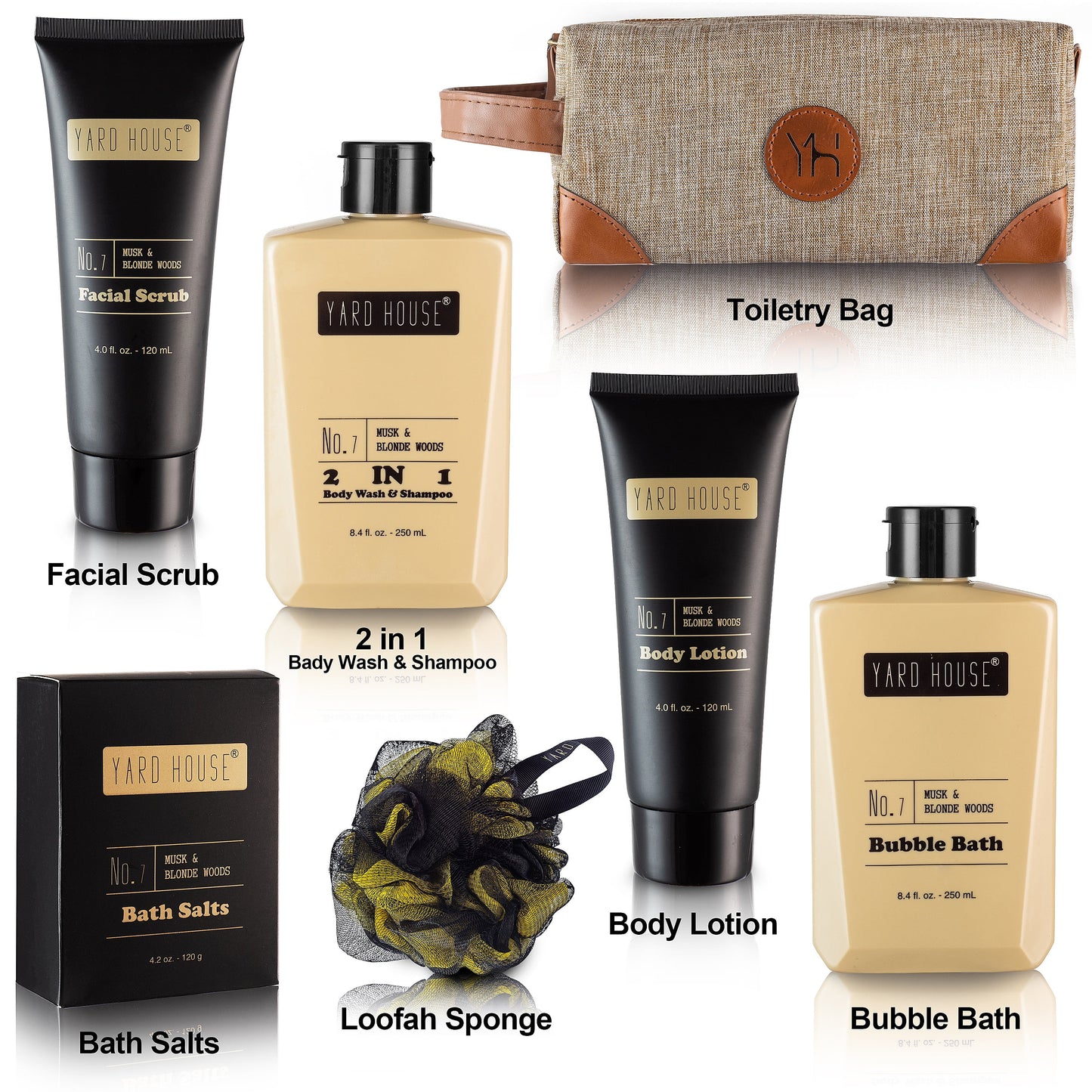 Yard house mens bath and body gift set - musk and blonde woods scented luxury spa gifts basket for him in toiletry bag-full size bubble bath, bath salts, body wash, facial scrub, lotion, shower puff