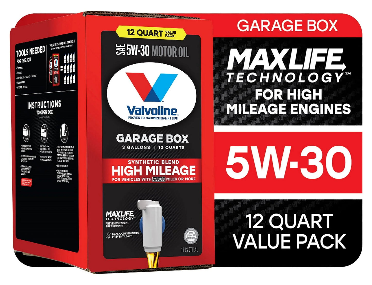 Valvoline high mileage maxlife 5w-30 synthetic blend motor oil 12 qt garage box