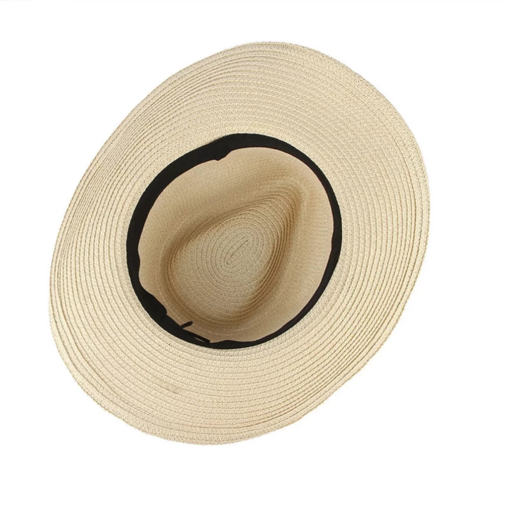 Women straw sun hat cowboy western style big brim floppy packable trilby beige