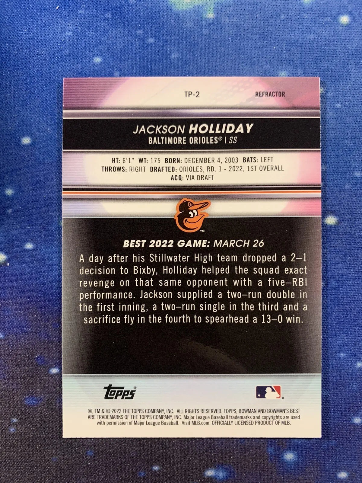 2022 bowmans best #tp-2 jackson holliday refractor rookie card