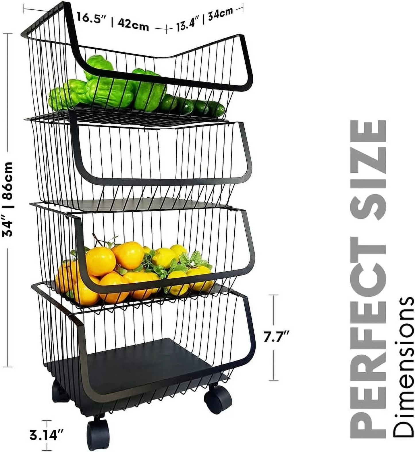 4-tier metal black utility rolling cart, storage organizer basket with wheels