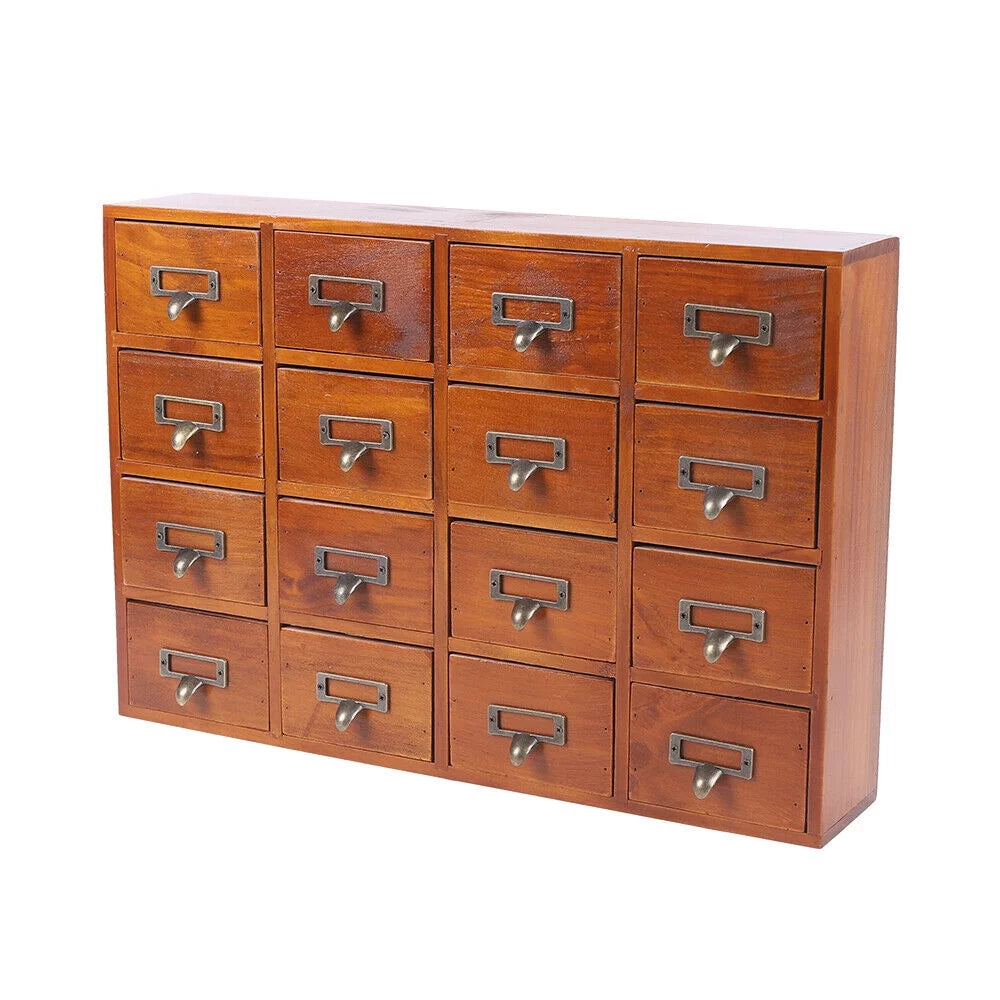 16 drawers vintage wood apothecary medicine cabinet label holder card catalog