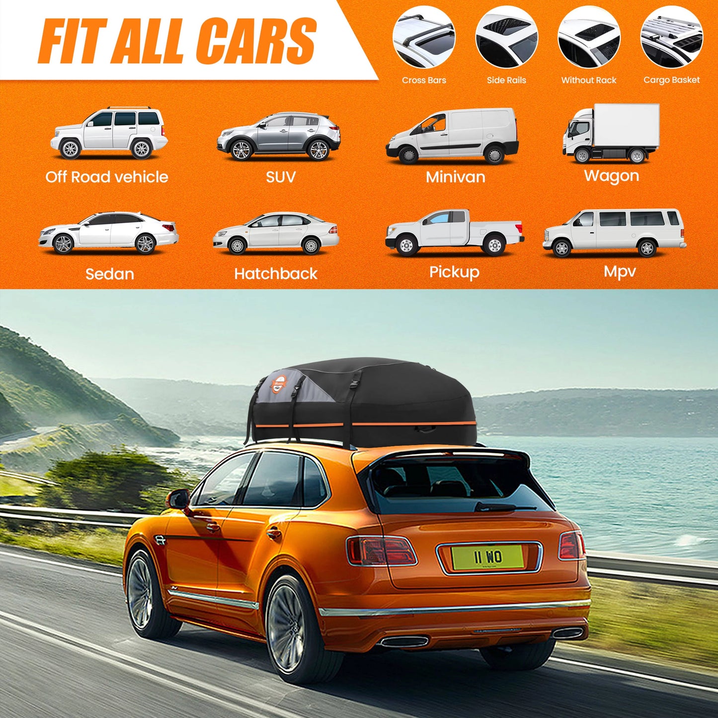 Adnoom car roof bag 100% waterproof rooftop cargo carrier, 16 cu ft car luggage storage bag, soft sided car top carrier bag black, orange