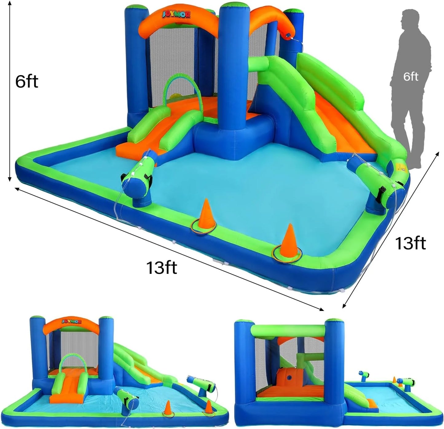 (2024 new) joymor inflatable water slide bounce house for kid 3-6, inflatable water slide w/basketball hoop, water cannon, ring-toss game, inflatable water bounce house w/slides, air blower