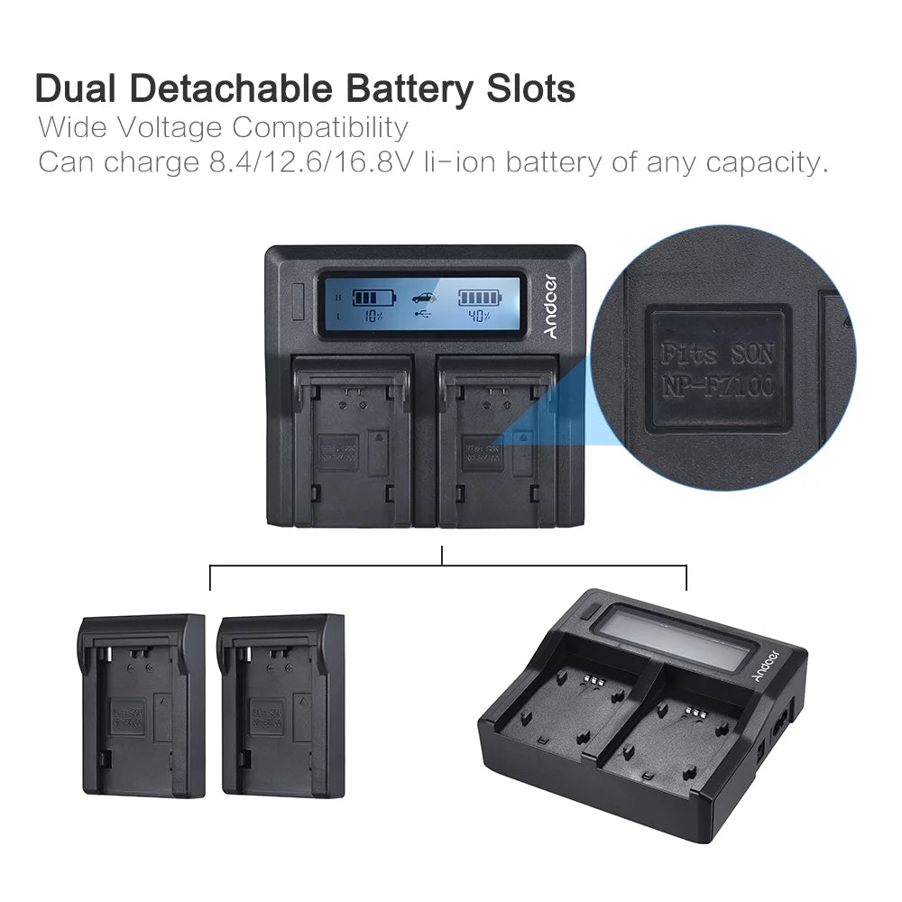 7299 np-fz100 dual channel lcd battery replacement for sony a7iii a9 a7riii a7siii