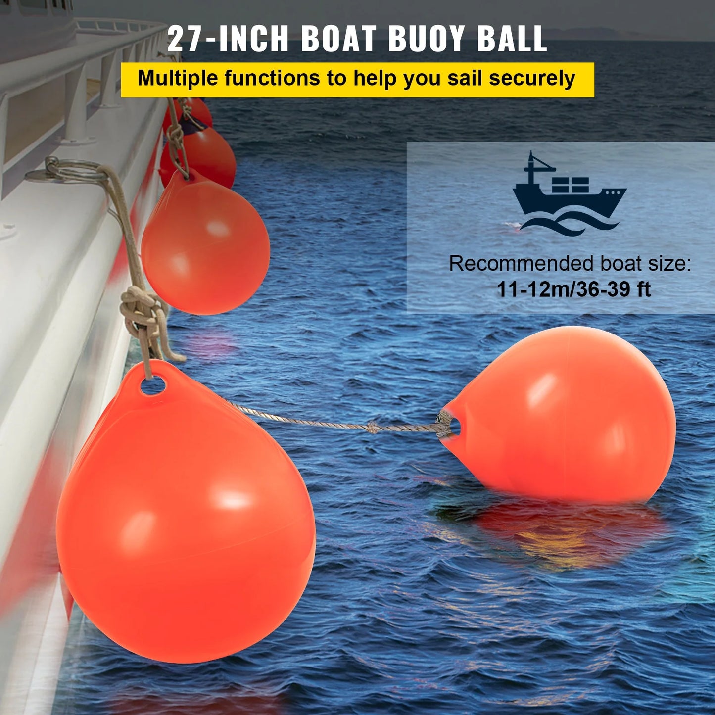 Bentism boat buoy ball, 27in diameter inflatable heavy-duty marine-grade vinyl marker buoy, round boat mooring buoy, anchoring, rafting, marking, fishing, orange