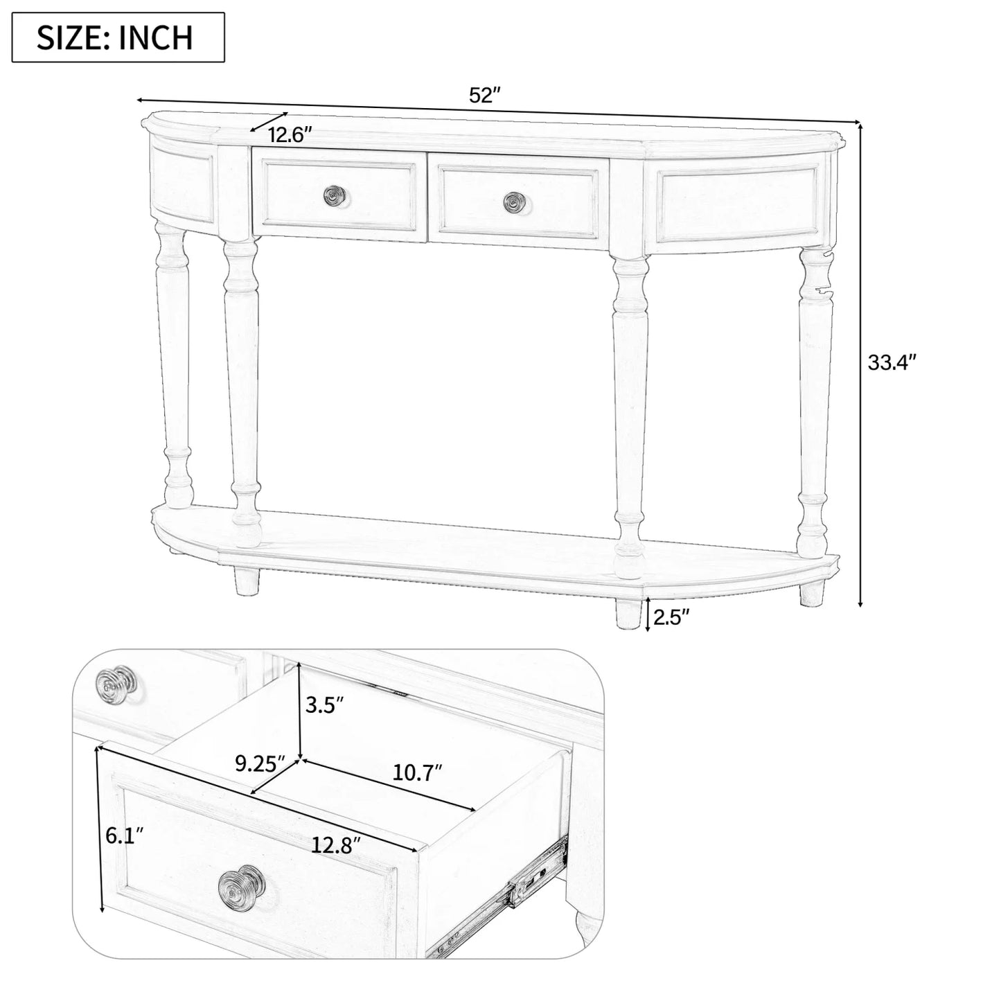 Trexm retro circular curved design console table with open style shelf solid wooden frame and legs two top drawers (white  old sku  wf298768aak)