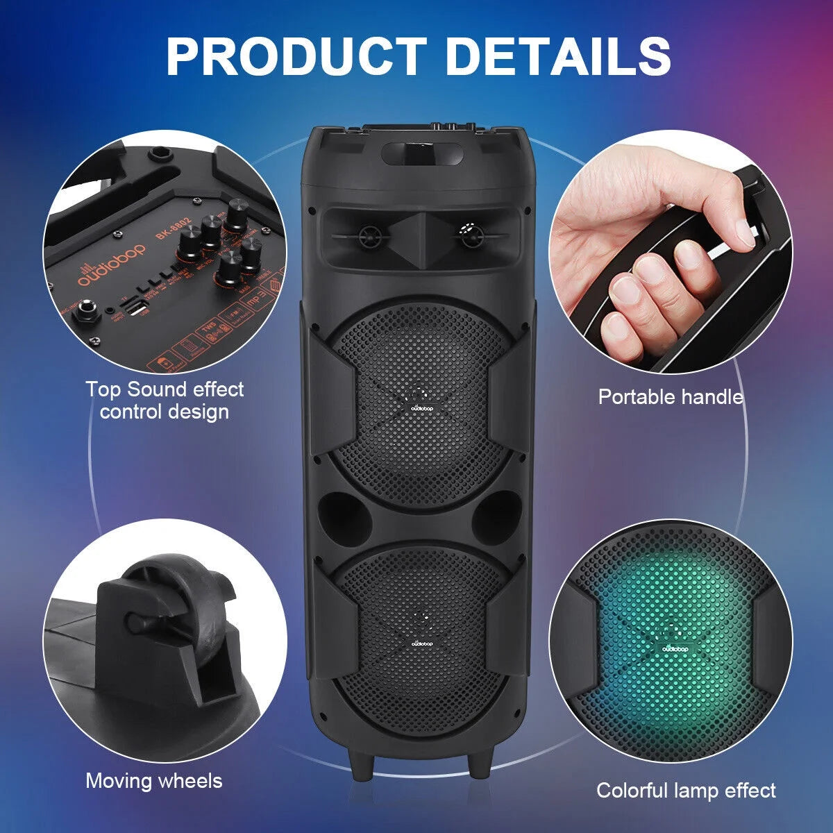 31" portable bluetooth speaker dual 8" subwoofer heavy bass sound system & mic