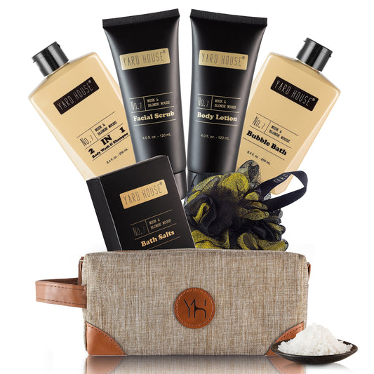 Yard house mens bath and body gift set - musk and blonde woods scented luxury spa gifts basket for him in toiletry bag-full size bubble bath, bath salts, body wash, facial scrub, lotion, shower puff