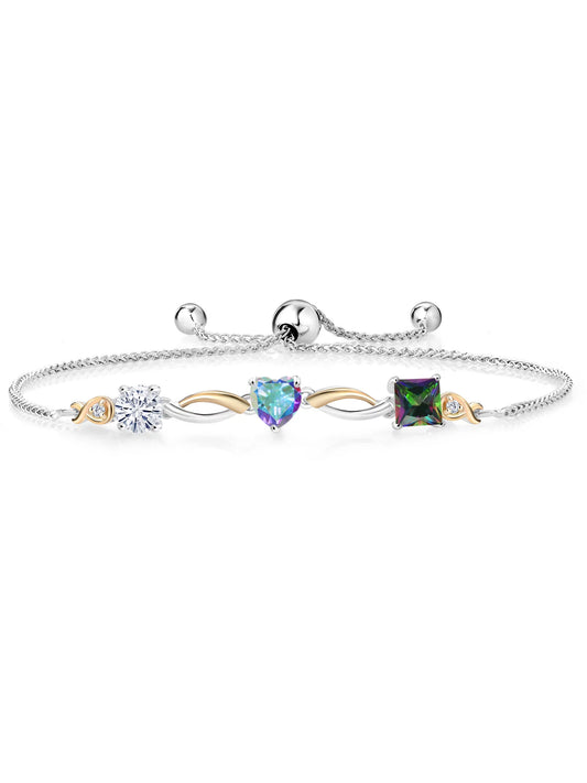 925 silver and 10k yellow gold moissanite mercury mist mystic topaz green mystic topaz and lab grown diamond tennis bracelet for women by keren hanan (2.30 cttw, adjustable up to 9 inch)