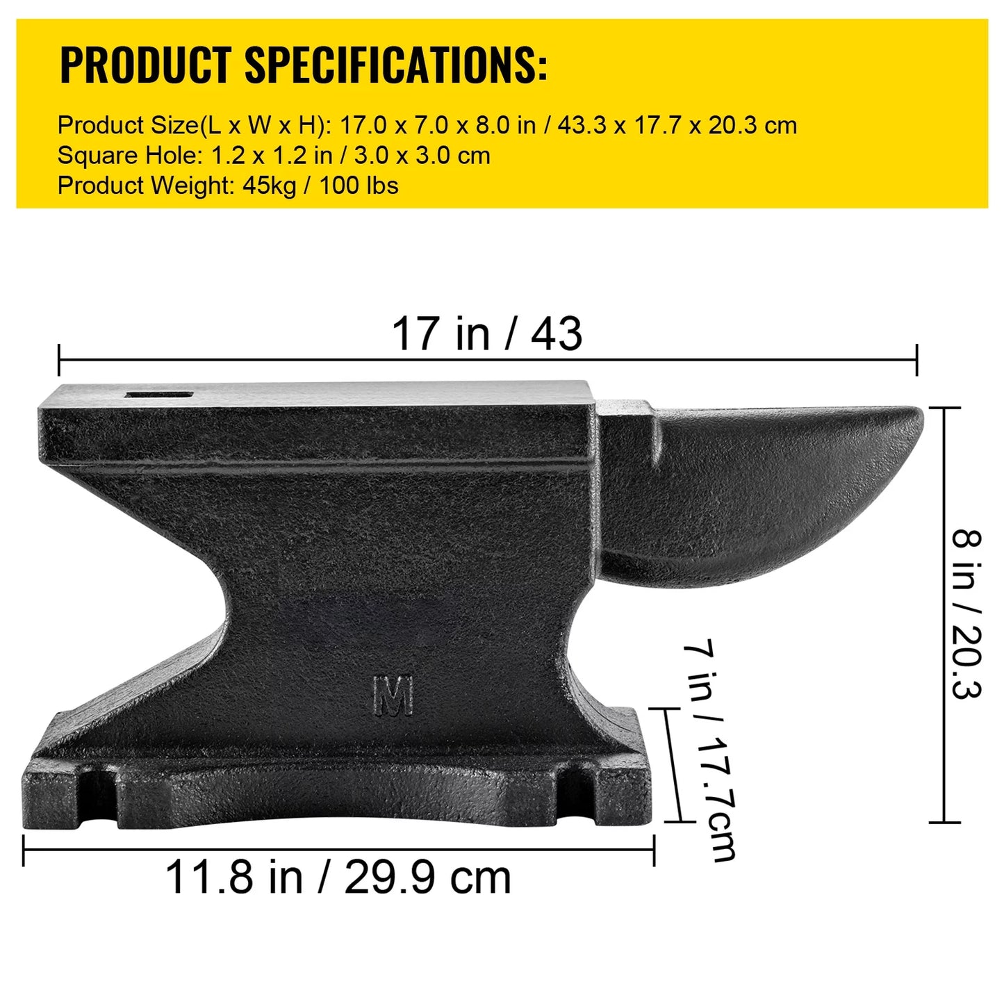 Bentism iron anvil blacksmith single beck cast iron 100 lb/45kg w/1.2in square hole