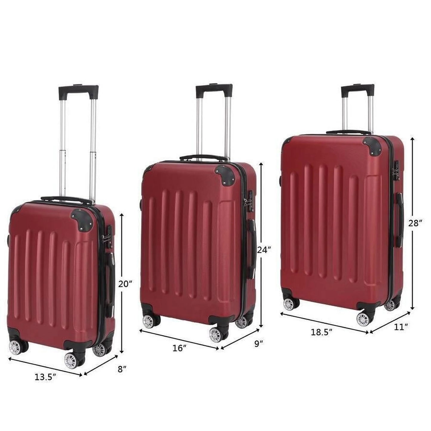 Abs trolley luggage set with tsa lock, wine red, 3-piece