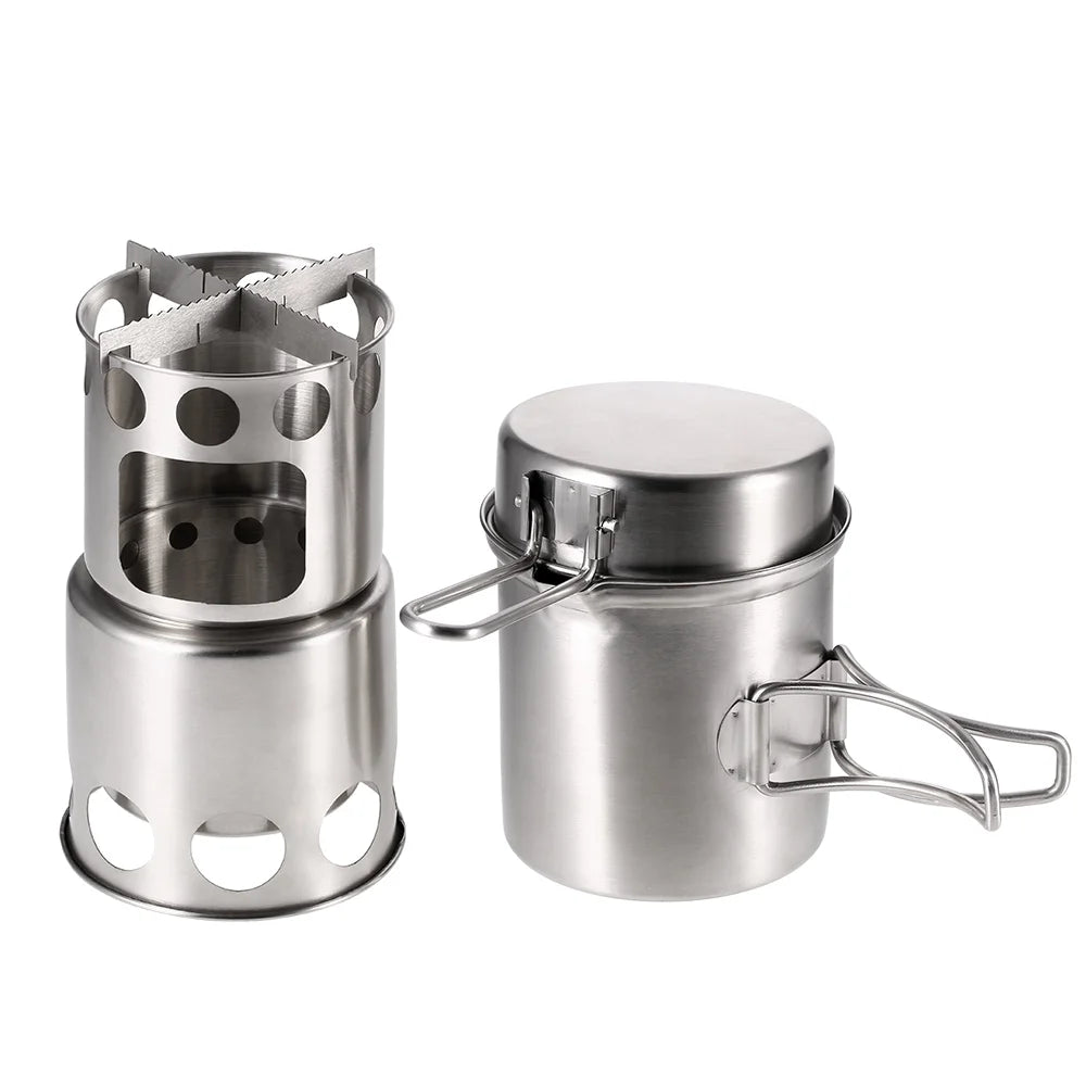 Arealer portable camping stove combo wood burning stove and cooking pot set for backpacking fishing hiking