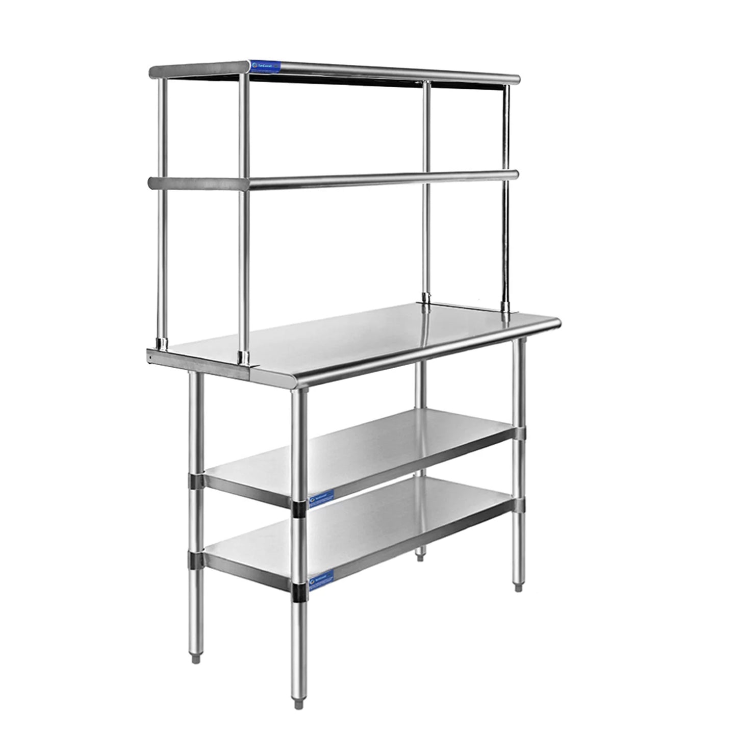 14" x 60" stainless steel work table with two shelves | 12" wide double tier overshelf | metal kitchen prep table & shelving combo