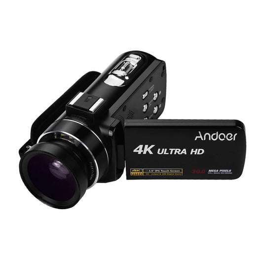 Andoer 4k handheld dv professional digital video cmos sensor camcorder with 0.45x wide angle lens with macro hot shoe mount 3.0 inch ips monitor burst -shaking function