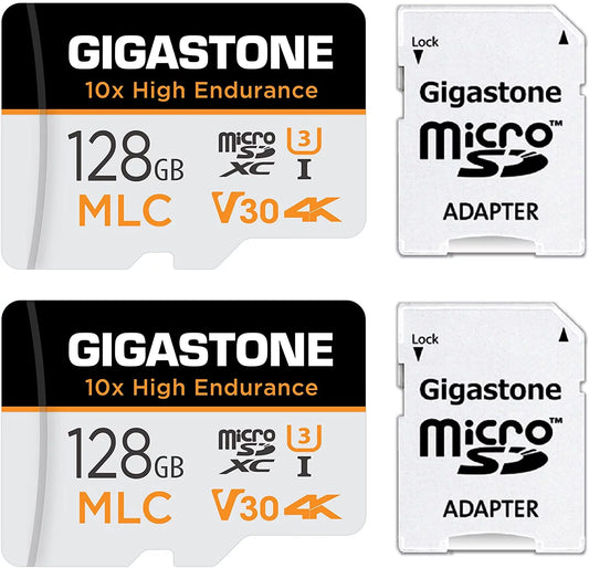 [10x high endurance] gigastone 128gb 2-pack mlc micro sd card, 4k video recording, security cam, dash cam, surveillance compatible 100mb/s, u3 c10, with adapter