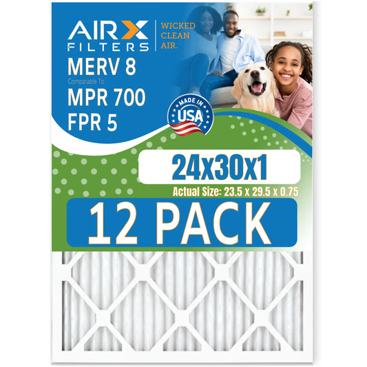 24x30x1 air filter merv 8 rating, 12 pack of furnace filters comparable to mpr 700 & fpr 5 - made in usa by airx filters wicked clean air.