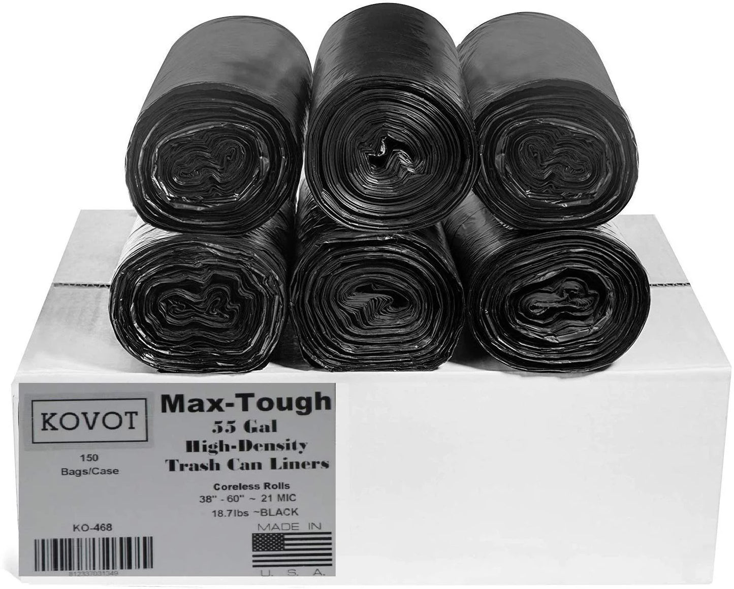 Rl-386021k max-tough 55 gal. high density star seal coreless rolls black trash bag, (pack of 150)