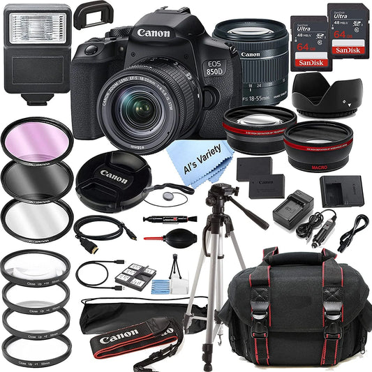 Canon eos 850d rebel t8i dslr camera w/ef-s 18-55mm f/4-5.6 stm zoom lens + 128gb memory + case + tripod + filters 36pc bundle