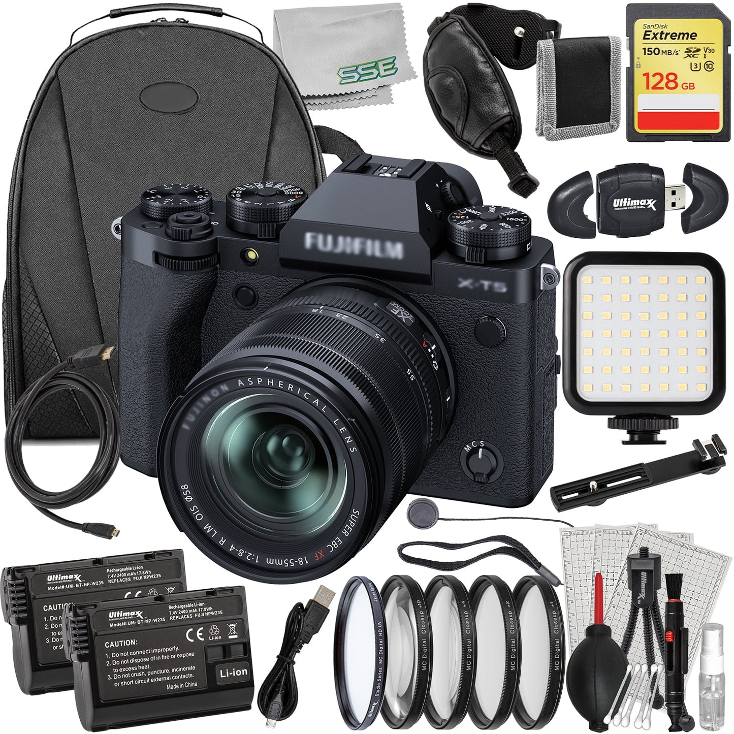 Ultimaxx advanced fujifilm x-t5 with 18-55mm lens (black) bundle - includes: 128gb extreme memory card, 2x replacement batteries & much more (35pc bundle)