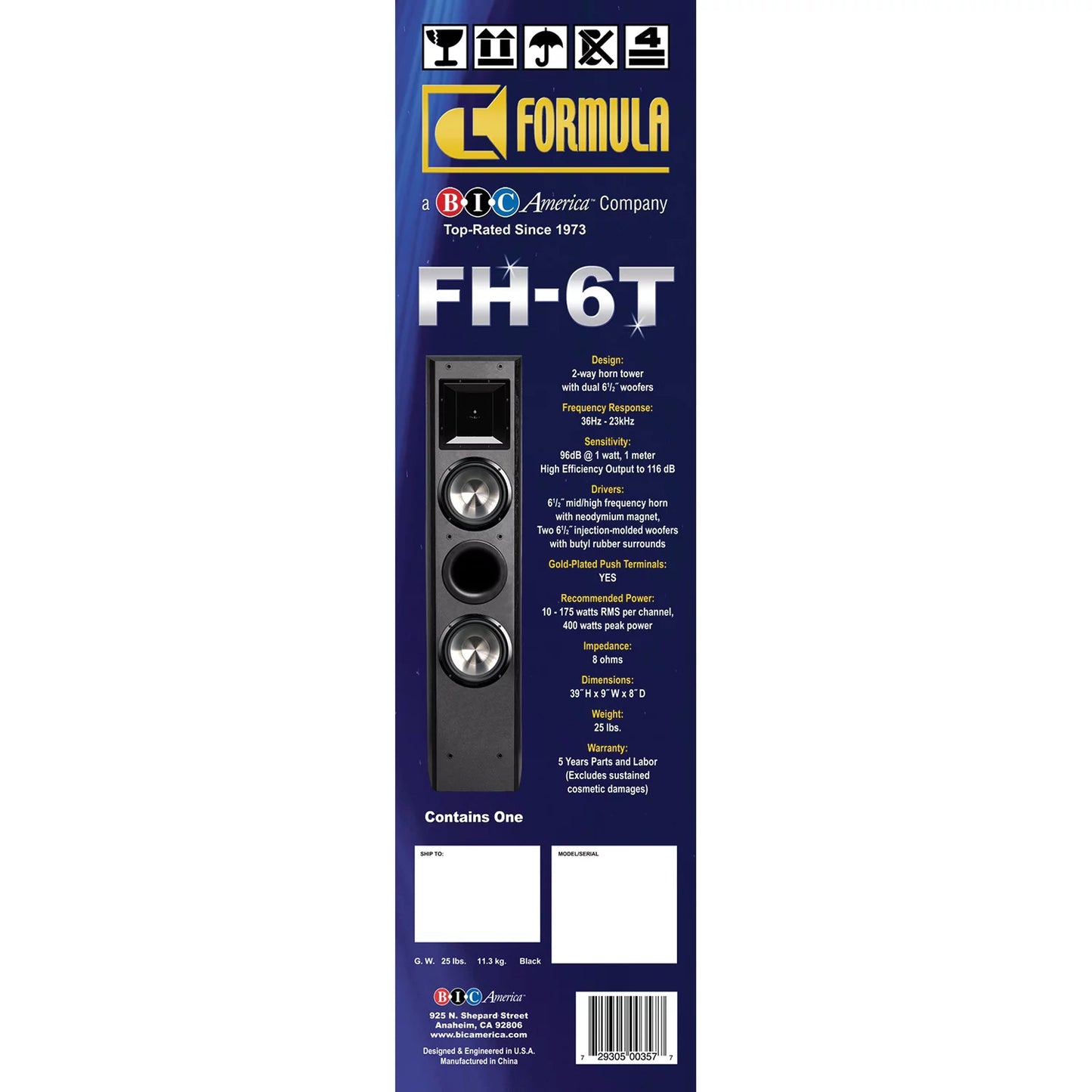 Bic america fh-6t formula series fh-6t dual 6-1/2-inch 400-watt 2-way slim tower speaker