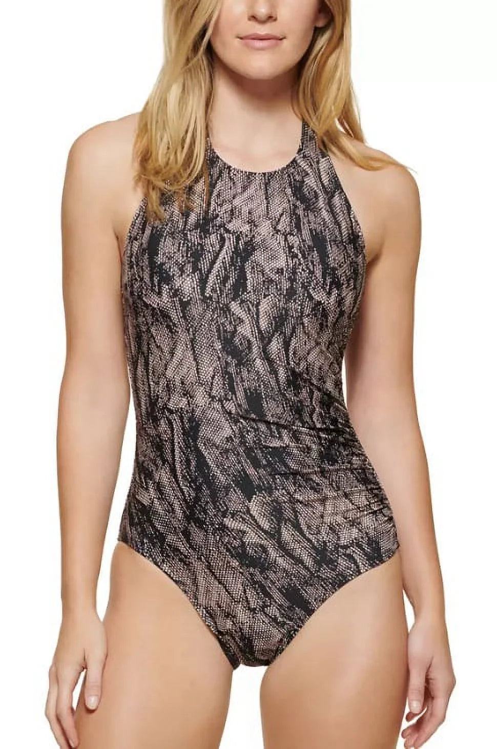 Calvin klein black multi printed halter one-piece swimsuit, us 16