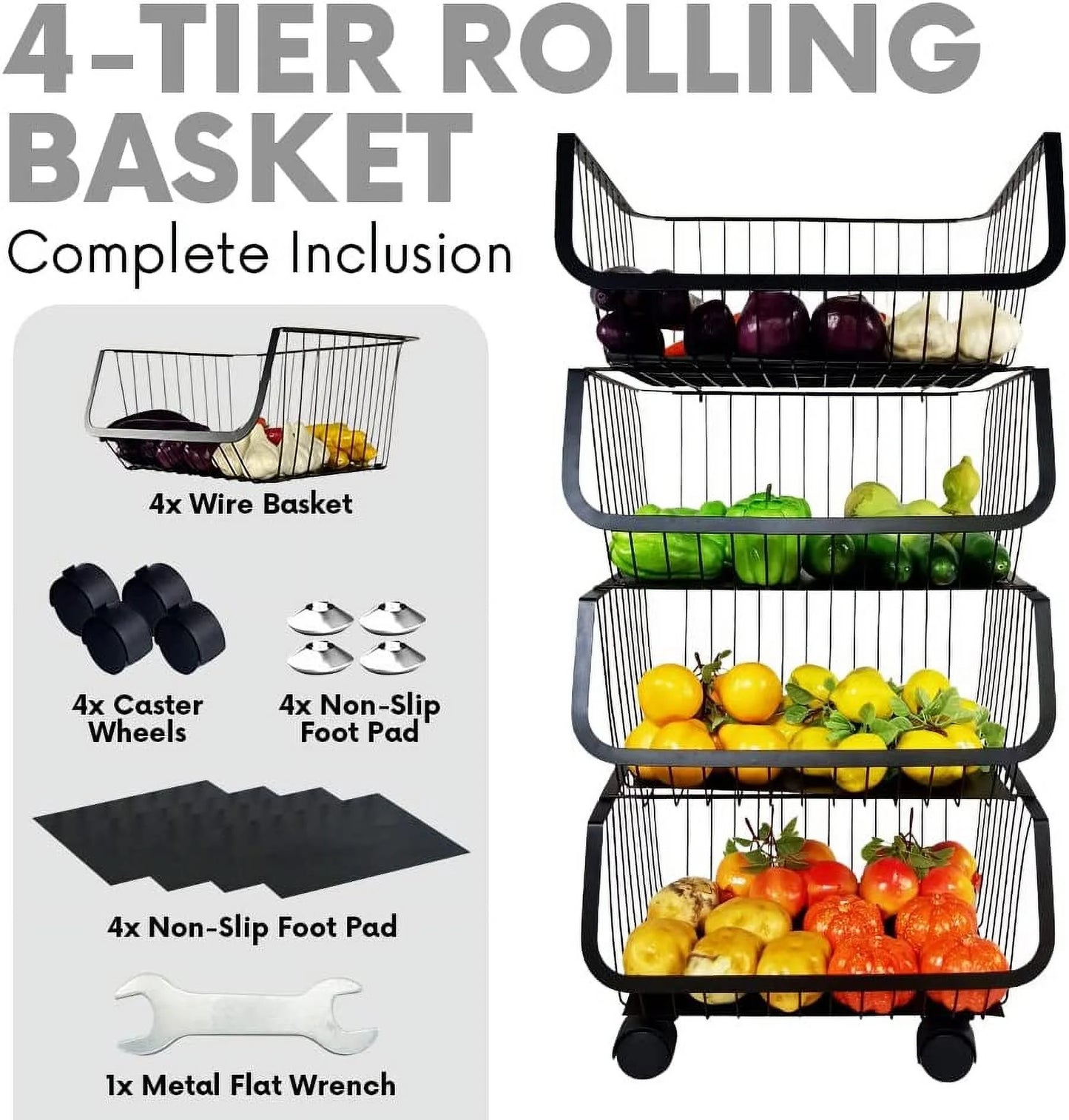 4-tier metal black utility rolling cart, storage organizer basket with wheels