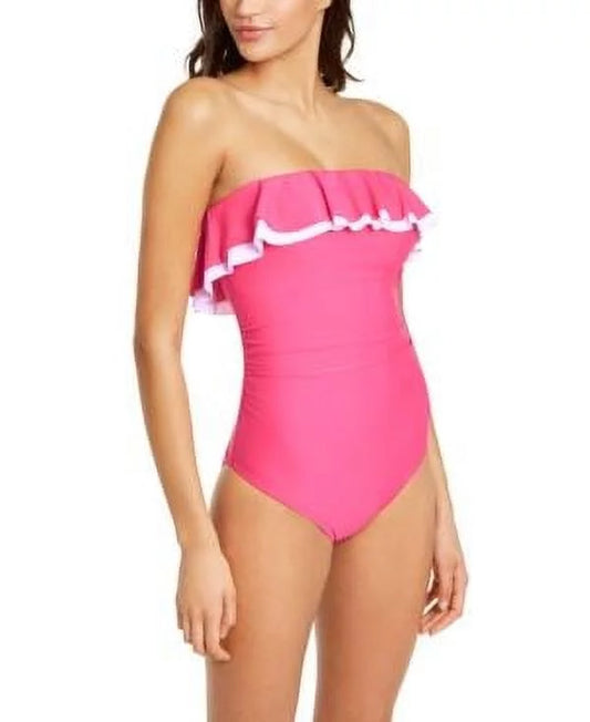 Tommy hilfiger pink solid ruffle strapless one-piece swimsuit, us 12