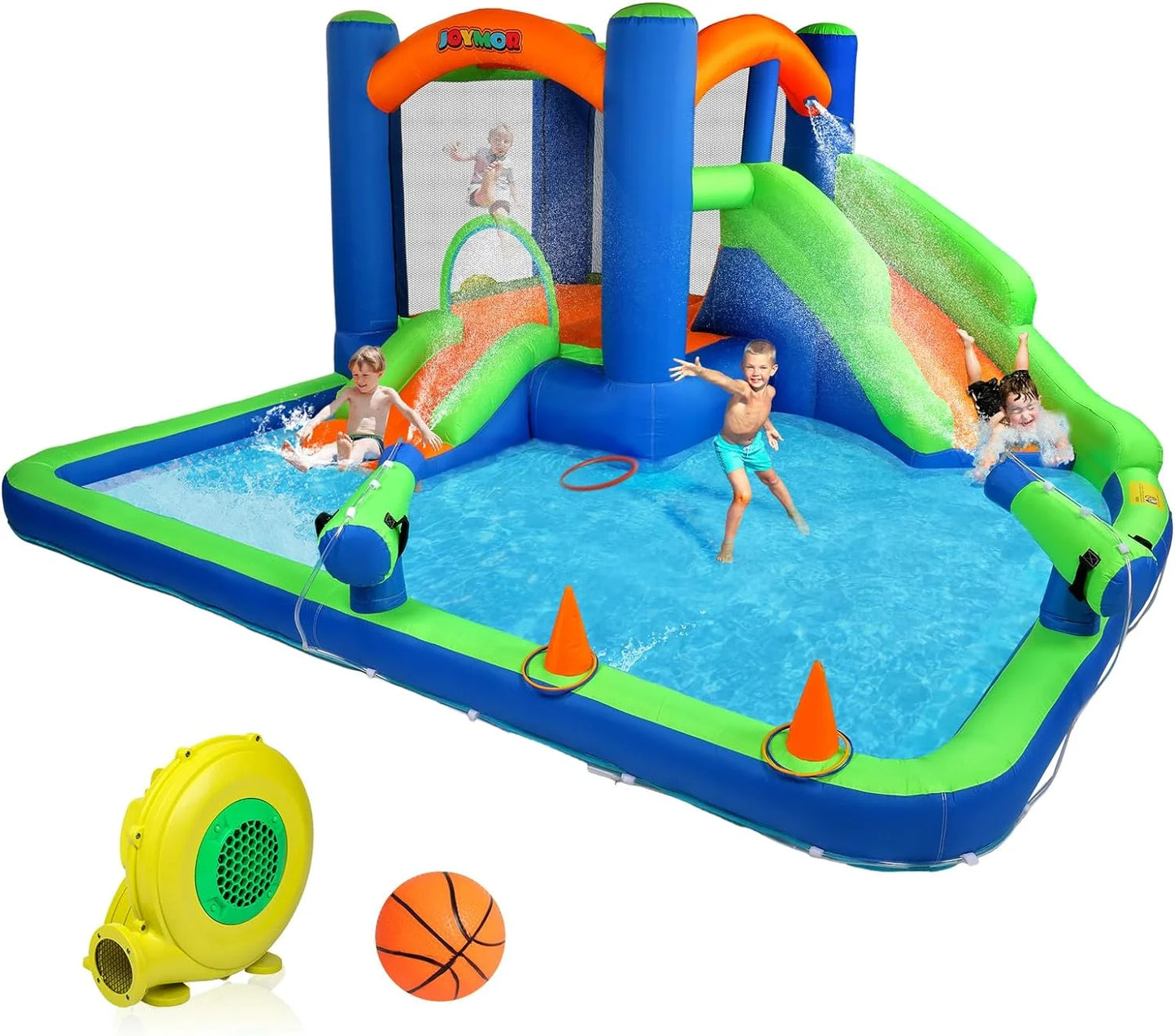 (2024 new) joymor inflatable water slide bounce house for kid 3-6, inflatable water slide w/basketball hoop, water cannon, ring-toss game, inflatable water bounce house w/slides, air blower